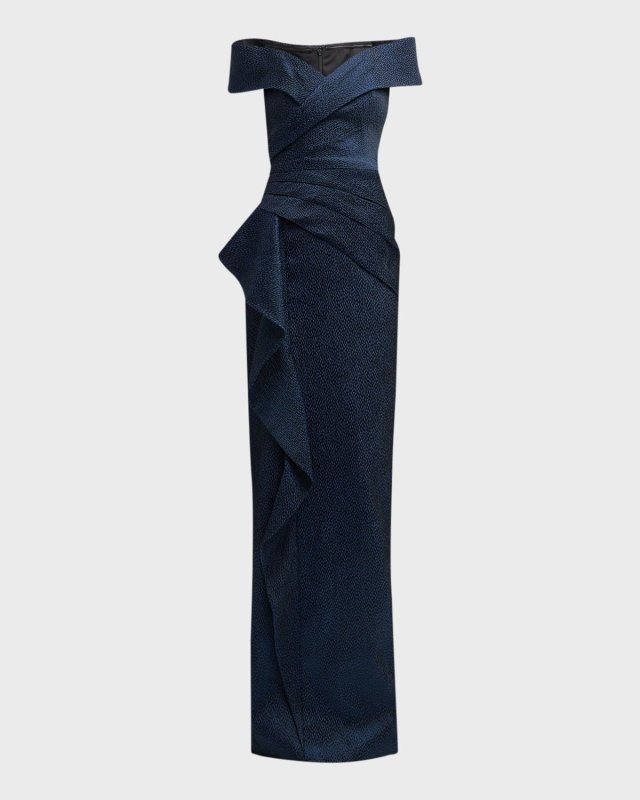 Off-Shoulder Ruffle Jacquard Column Gown